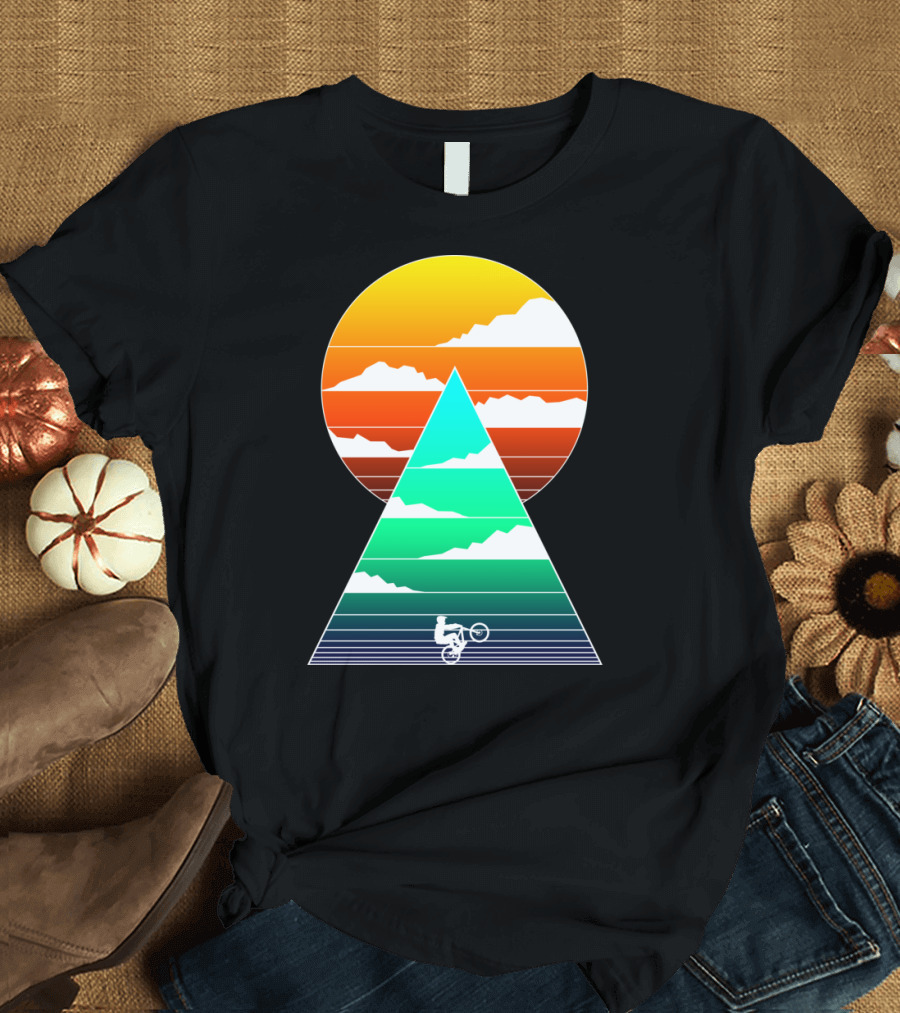 Sunset Mountain Biking Adventure in Geometric T-Shirt