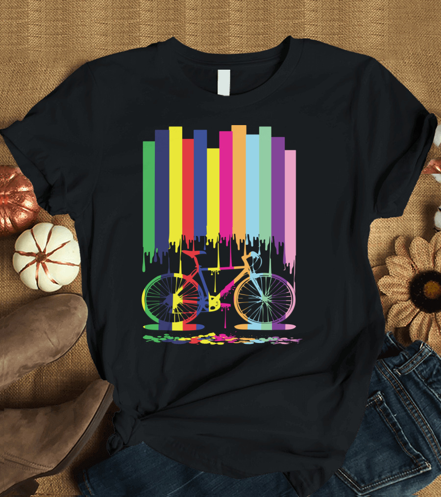 Rainbow Bicycle Dripping Paint Stripes T-Shirt