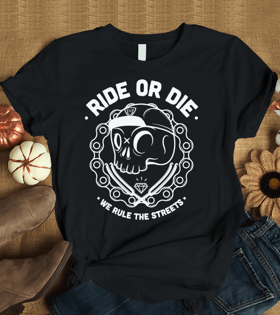 Ride or Die Skull with Cap and Chain We Rule the Streets Diamond T-Shirt