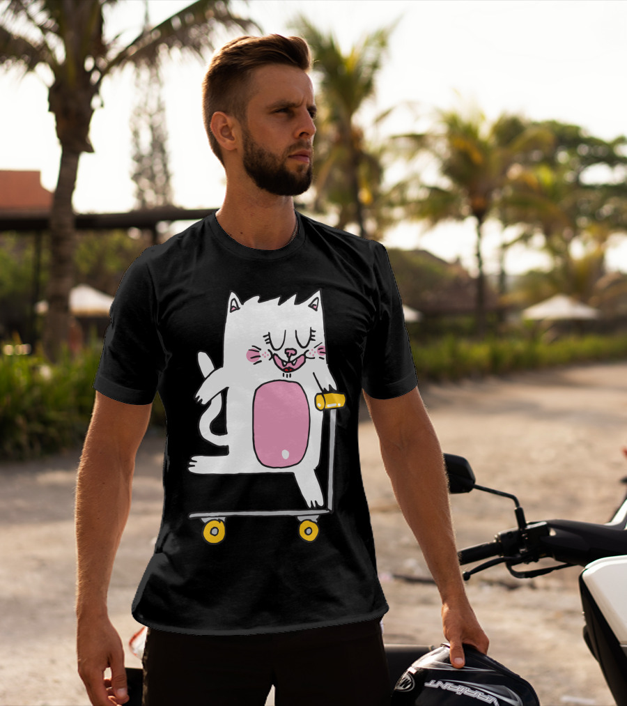 Riding The Scooter With Happy White Cat T-Shirt