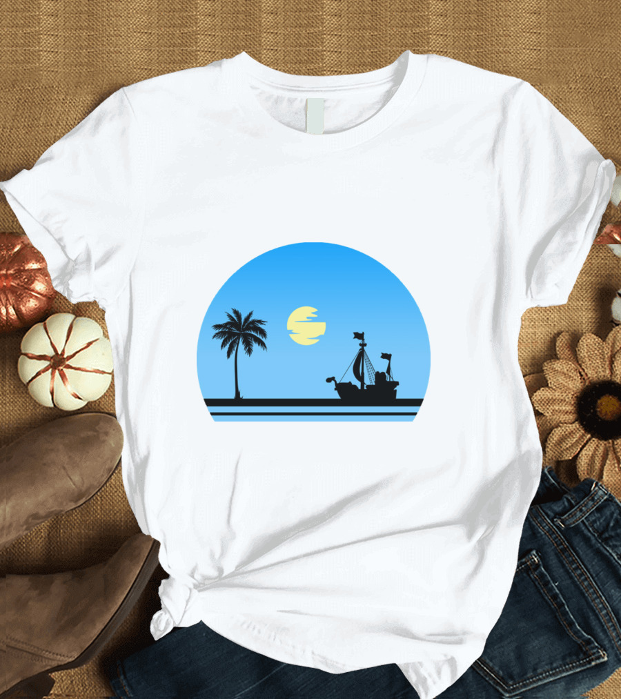 Going Merry Ship Silhouette Sunrise with Palm Tree and Sun T-Shirt