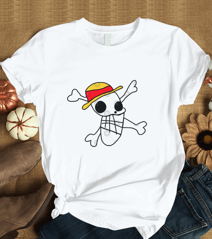 Iwaras Flag Straw Hat Skull Crossbones T-Shirt