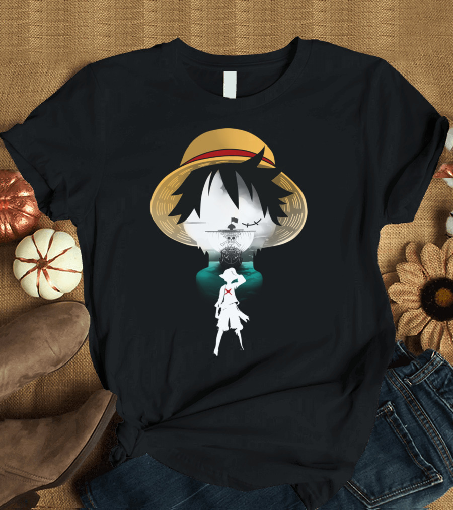 Strawhat Pirate Silhouette Design with Iconic Ship and Sea Adventure T-Shirt