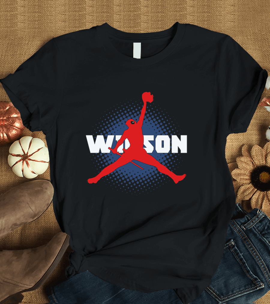 Wilson Jump Character Icon In Red With Blue Dot Background T-Shirt