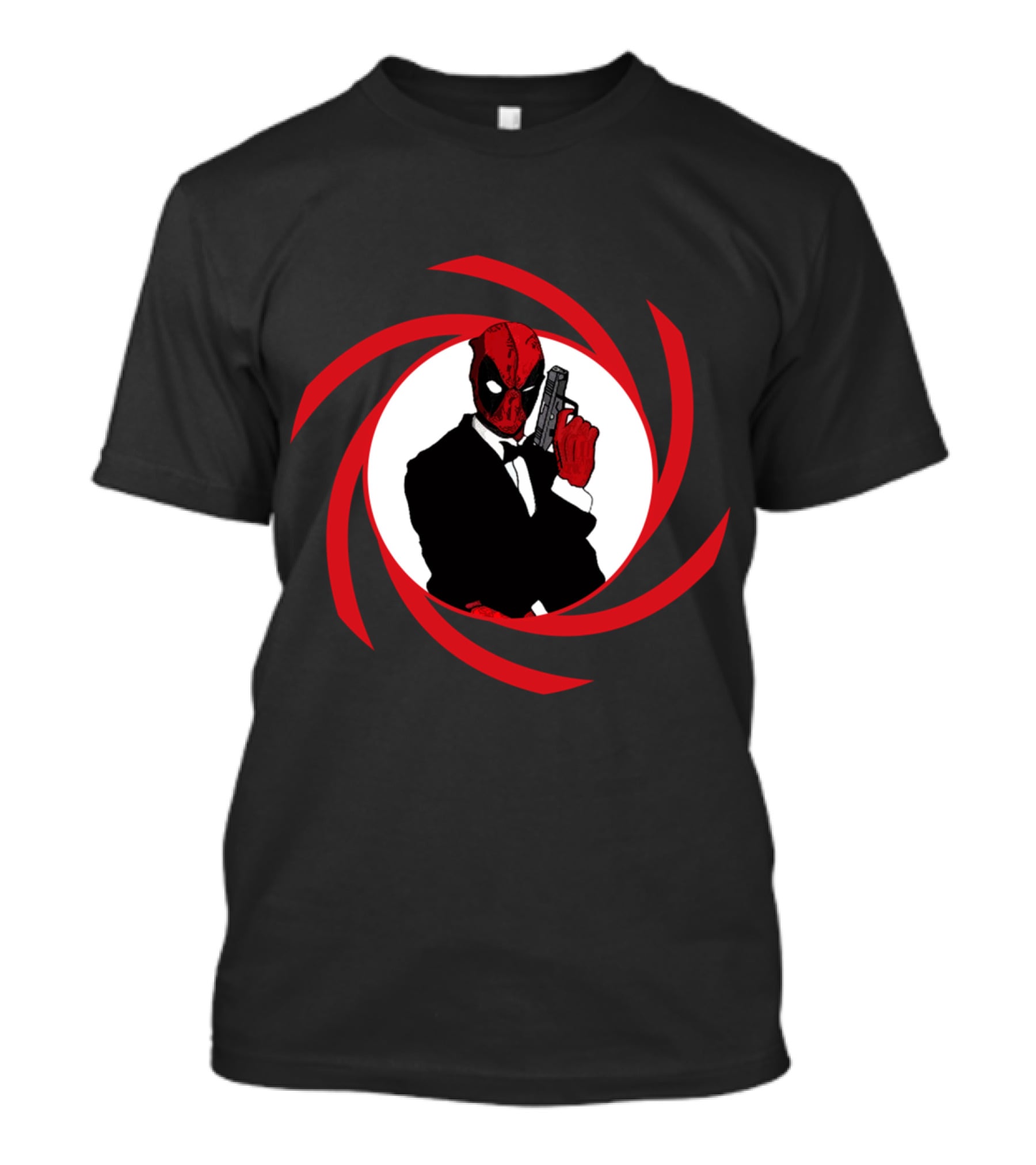 Deadpool Bond In Red Spy Spiral Suit With Gun T-Shirt