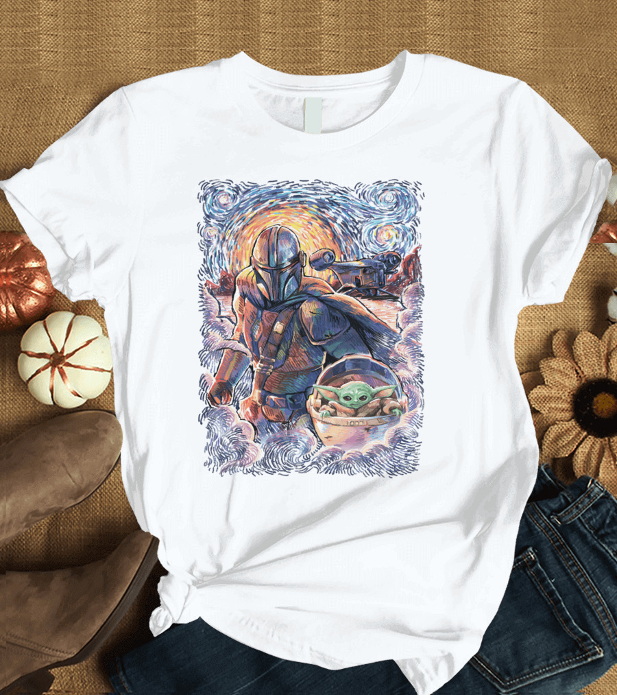 Star Wars Mandalorian Starry Night Grogu Painting T-Shirt