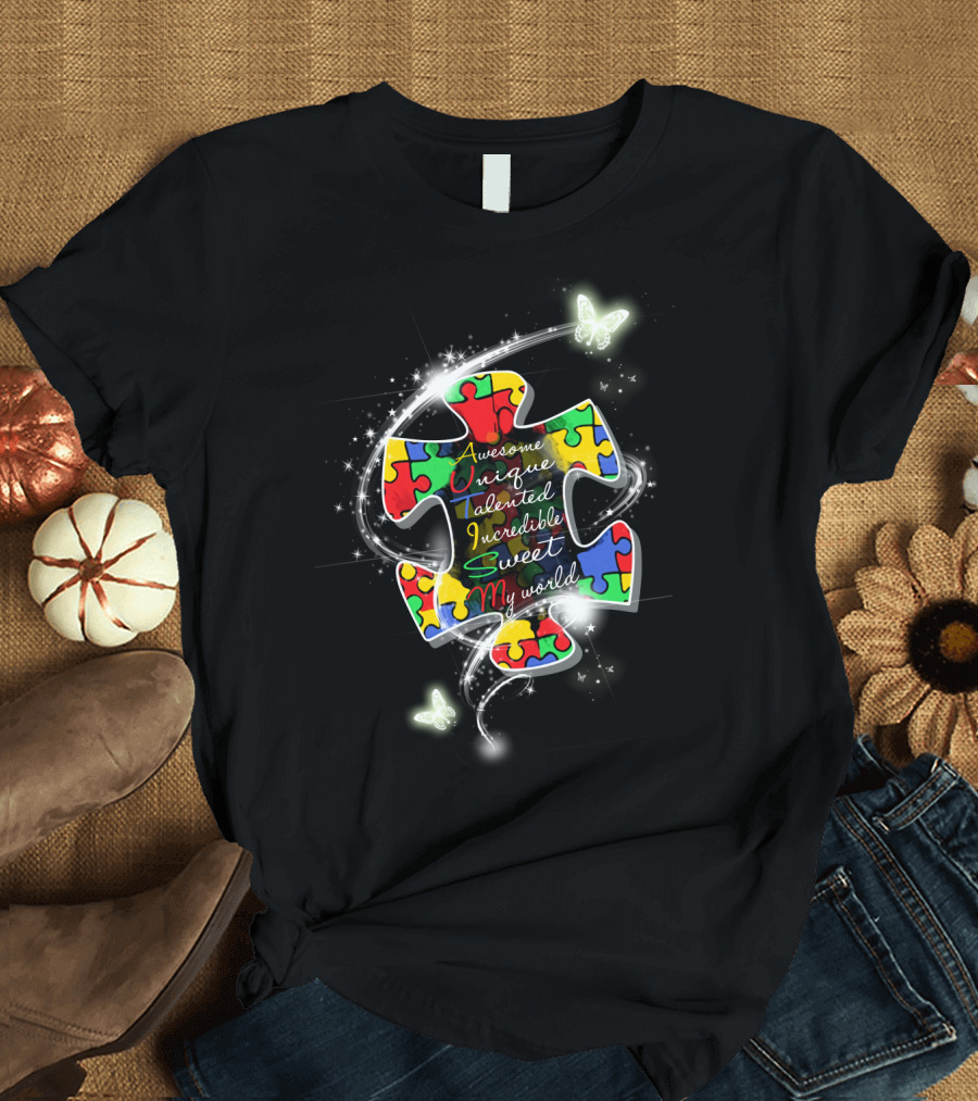 Awesome Unique Talented Incredible Sweet My World Puzzle Piece with Butterflies and Sparkles T-Shirt