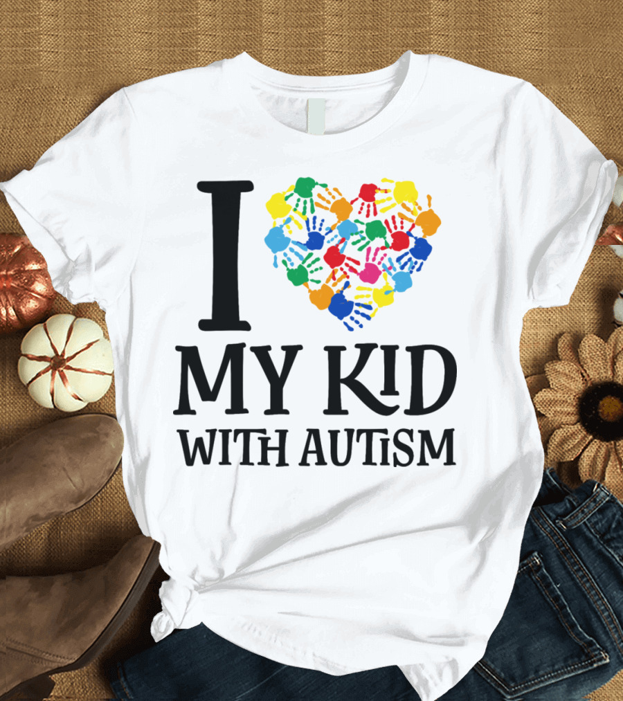 I Heart My Kid With Autism Multicolor Handprints T-Shirt