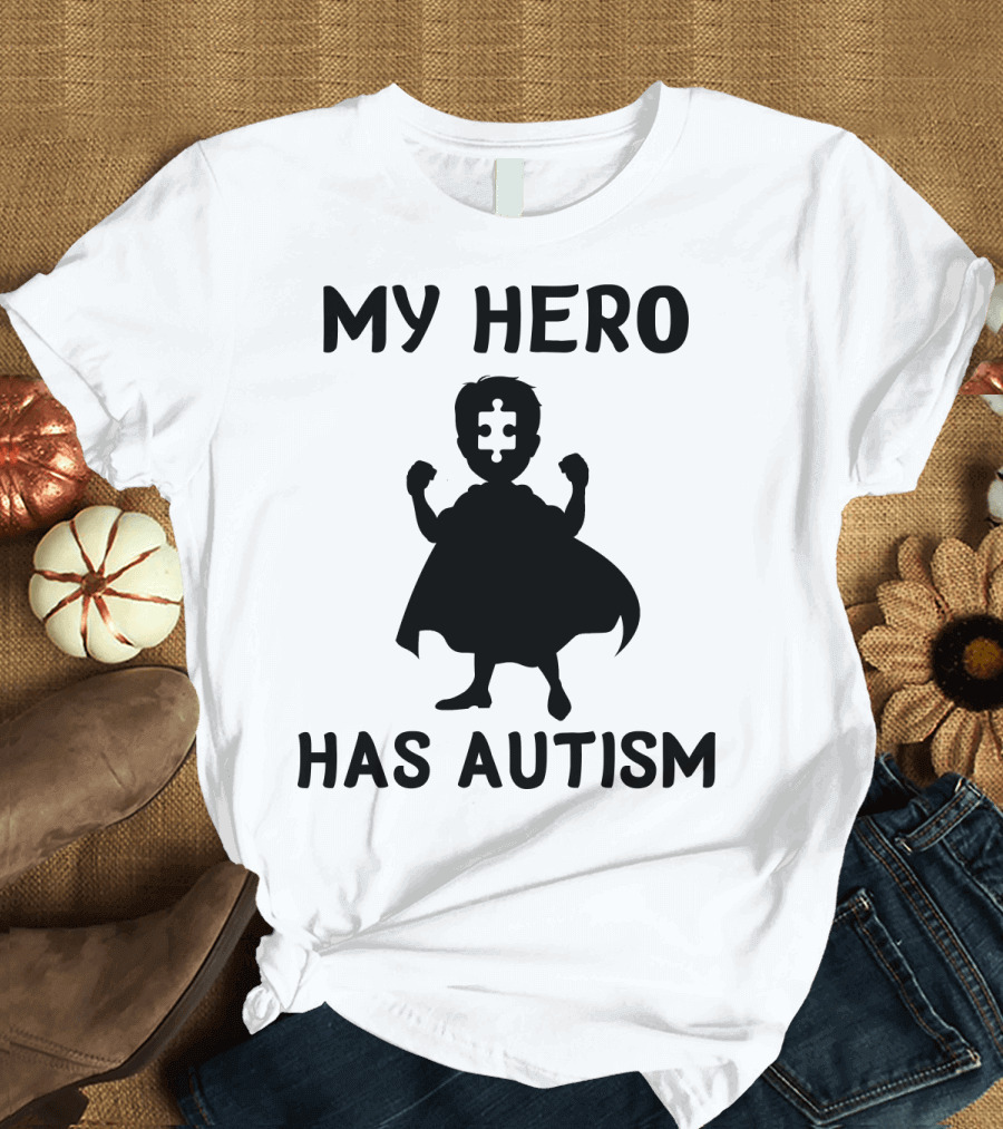 My Hero Has Autism Silhouette with Puzzle Piece Face T-Shirt