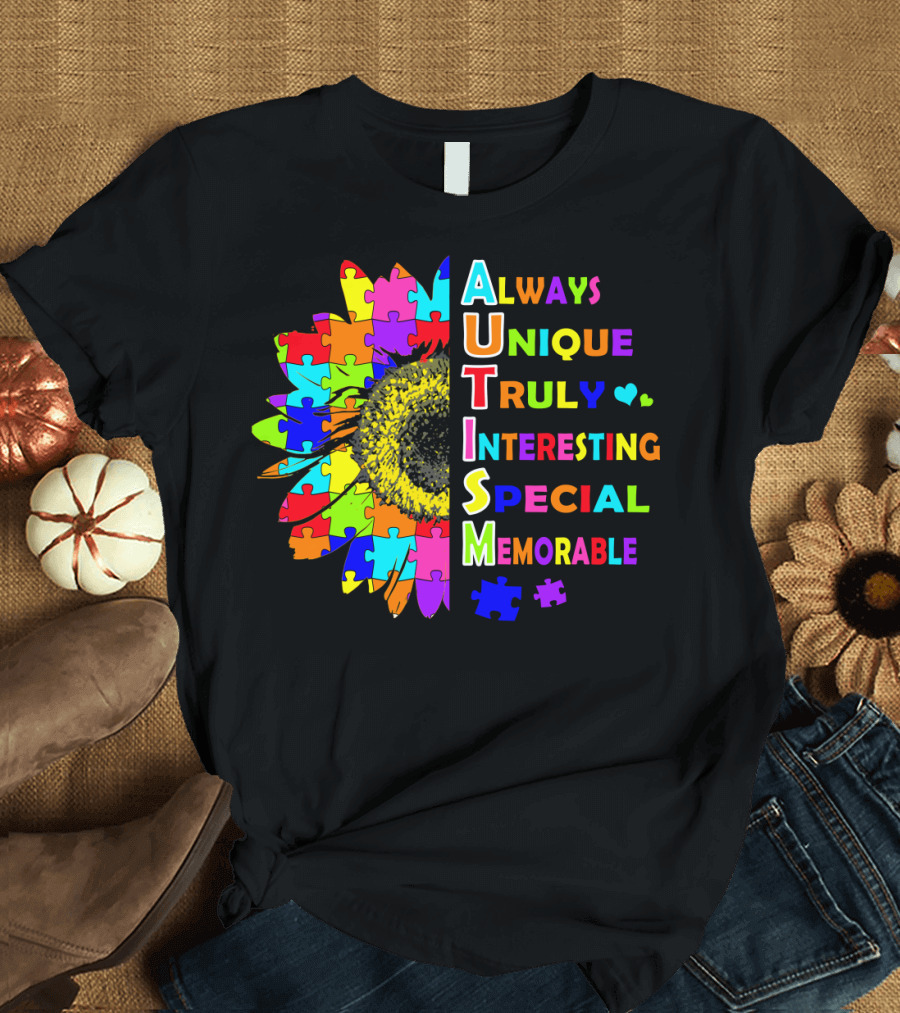 Autism Always Unique Truly Interesting Special Memorable Puzzle Sunflower T-Shirt