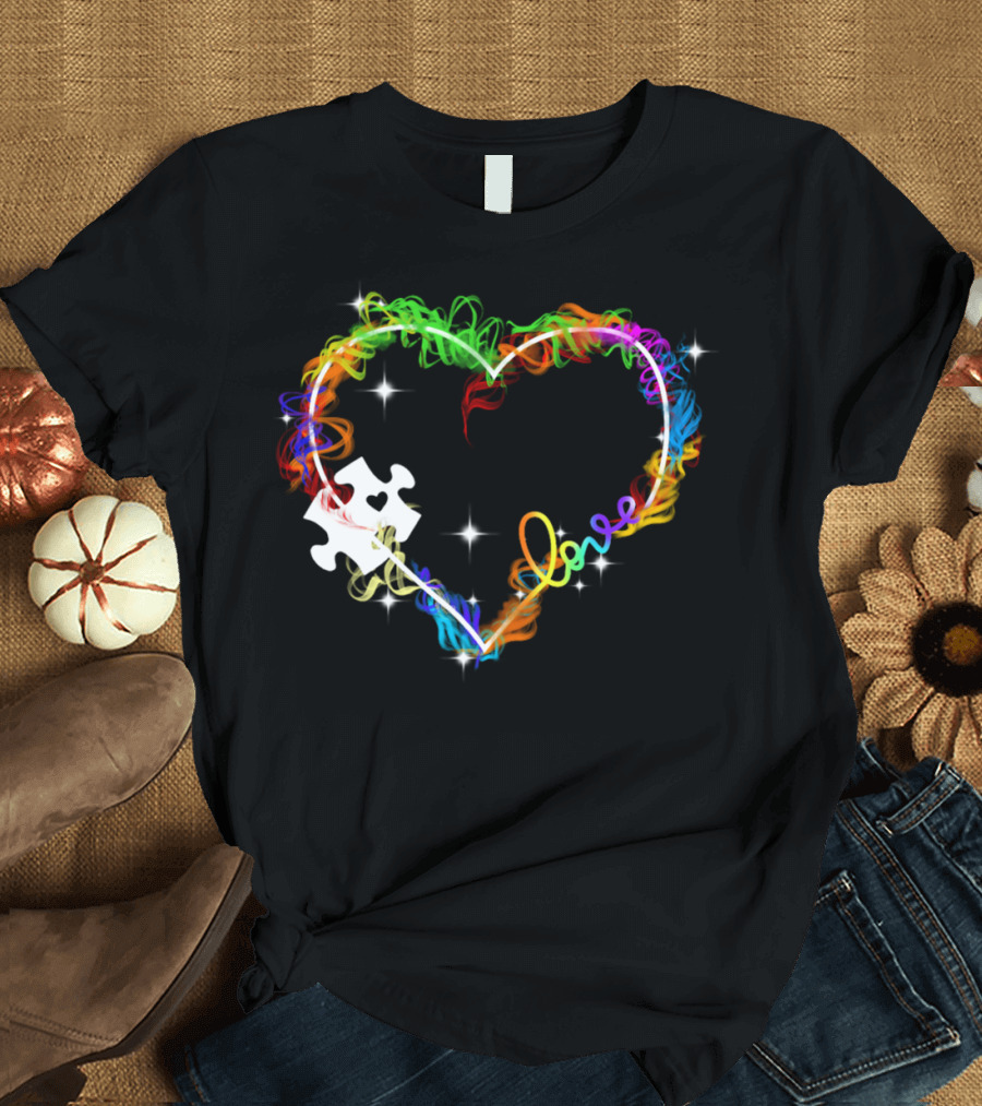 Love Heart Rainbow Puzzle Autism T-Shirt