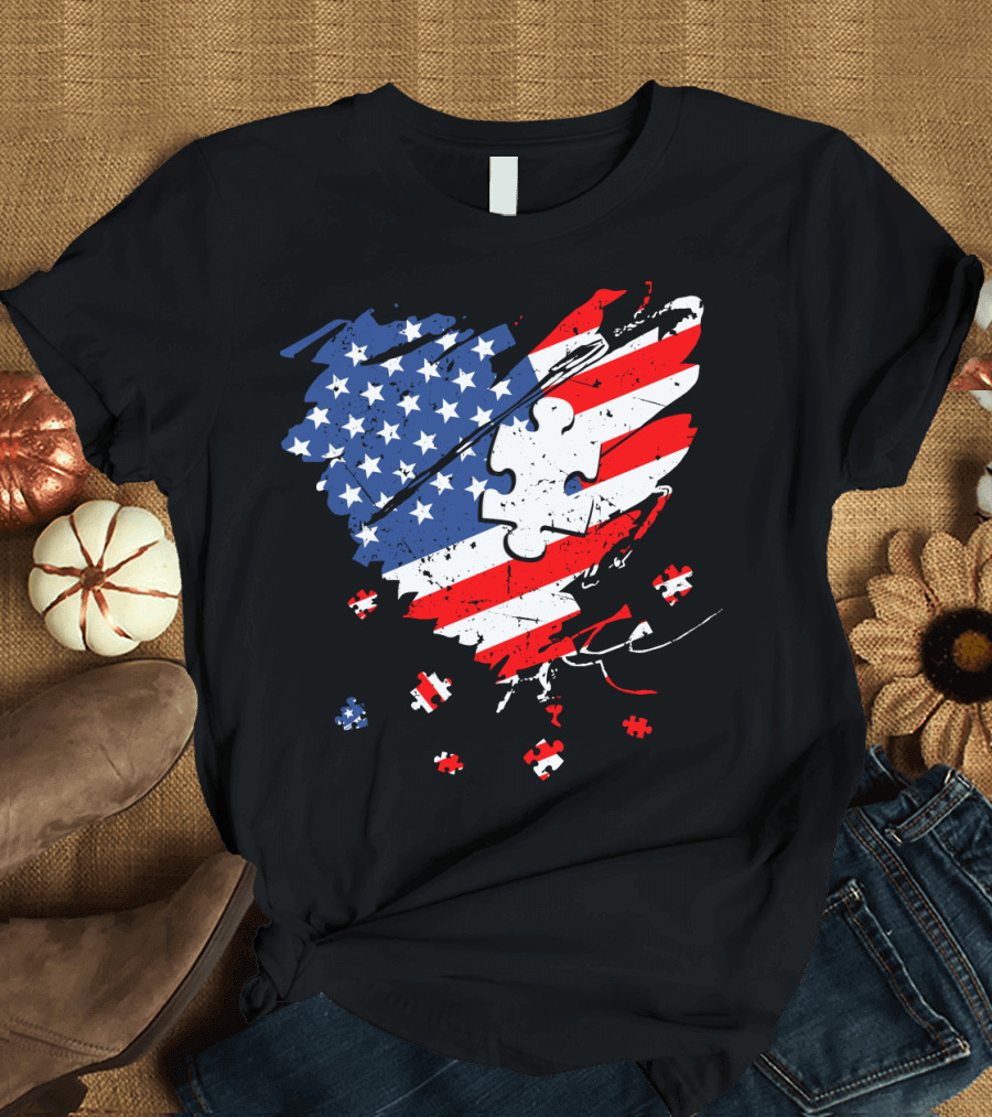 Autism USA Puzzle Heart Flag T-Shirt