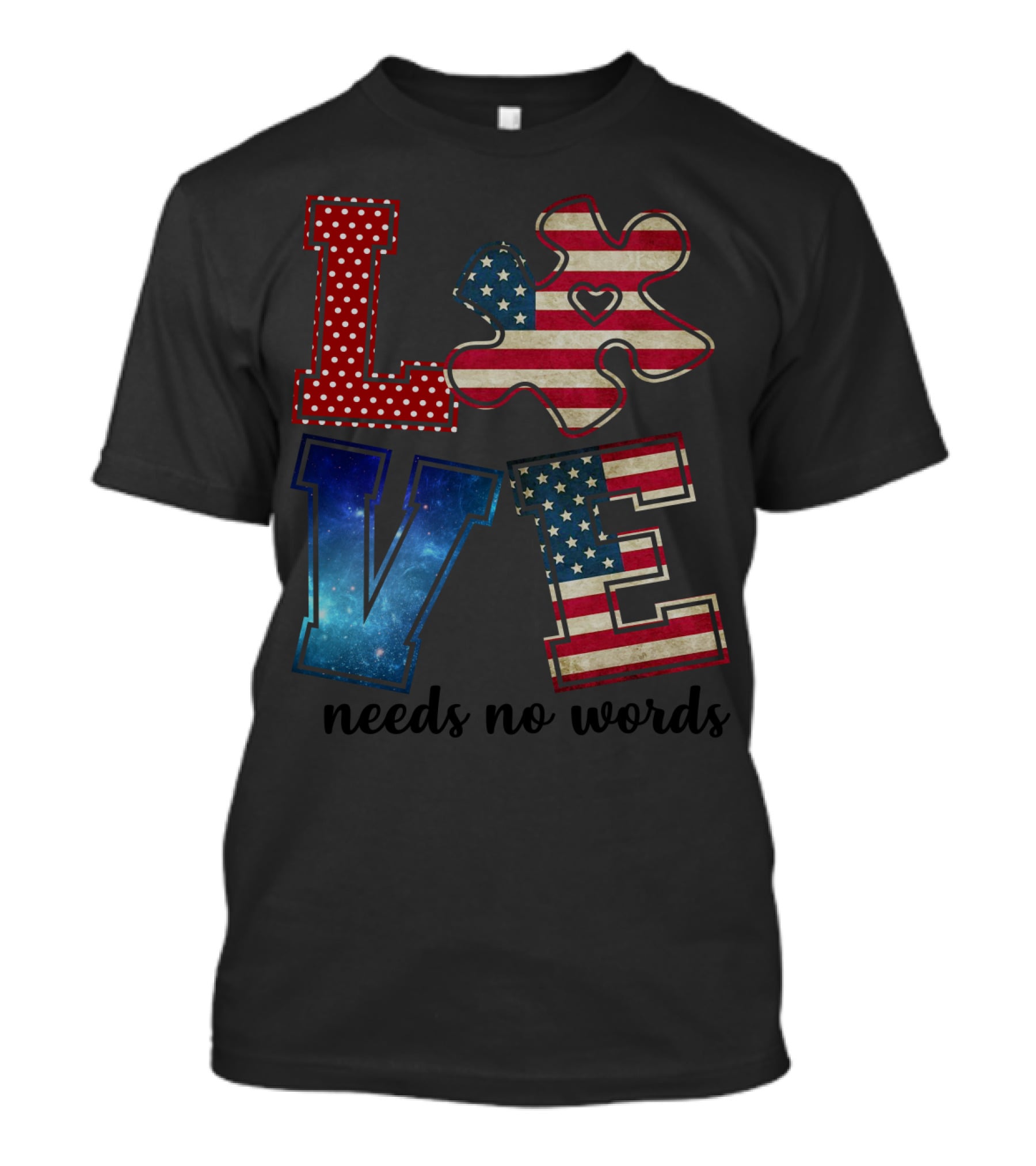 Love Needs No Words Galaxy Stars And Stripes Puzzle Piece T-Shirt