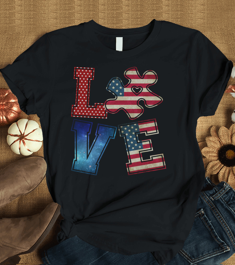 Love Needs No Words Galaxy Stars and Stripes Puzzle Piece T-Shirt