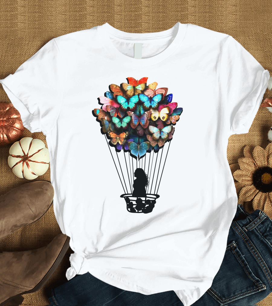 Butterfly BU01 Hot Air Balloon Silhouette with Colorful Wings T-Shirt