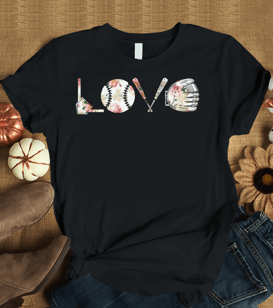 Love Baseball Floral Bat Glove Home Plate T-Shirt