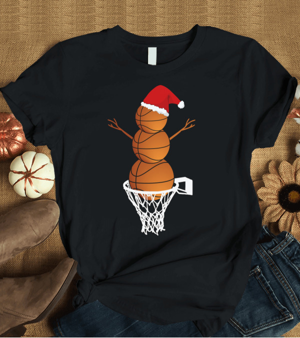 T-Shirt: Basketball Snowman with Santa Hat in Hoop T-Shirt Basketball Snowman with Santa Hat in Hoop T-Shirt