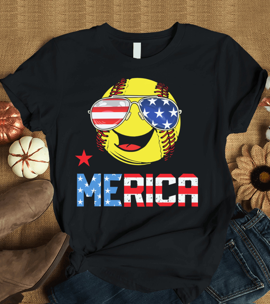 Softball MERICA Smiling Baseball with American Flag Sunglasses T-Shirt