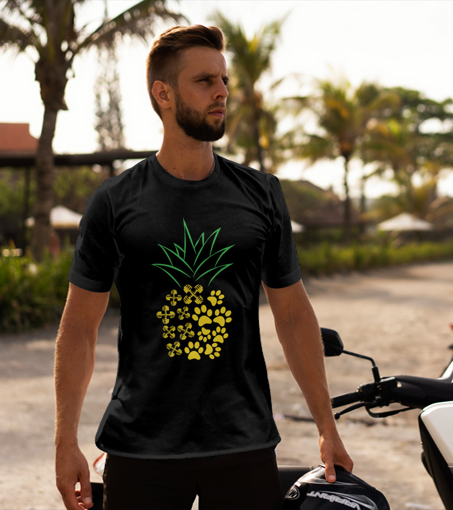 Weight Lifting Pineapple With Dumbbells And Paw Prints T-Shirt