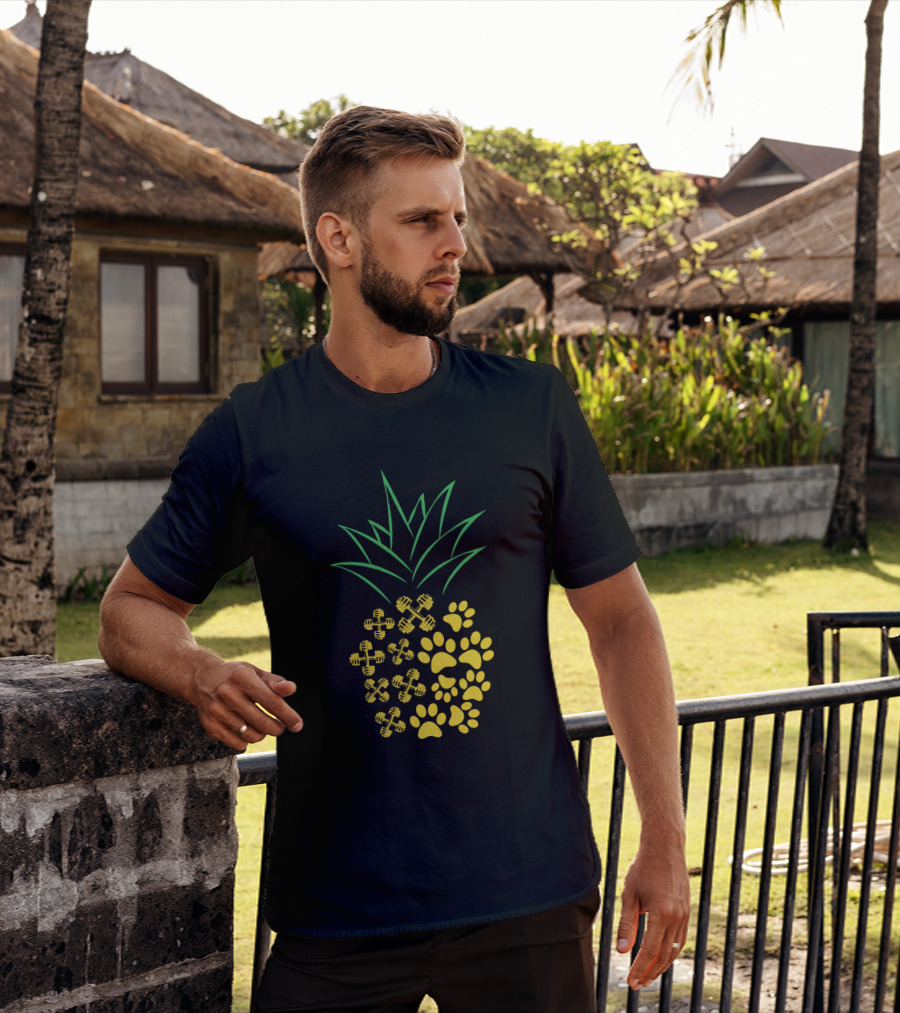 Weight Lifting Pineapple With Dumbbells And Paw Prints T-Shirt