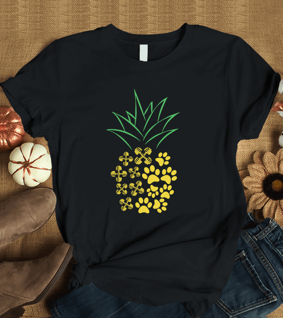 Weight Lifting Pineapple with Dumbbells and Paw Prints T-Shirt