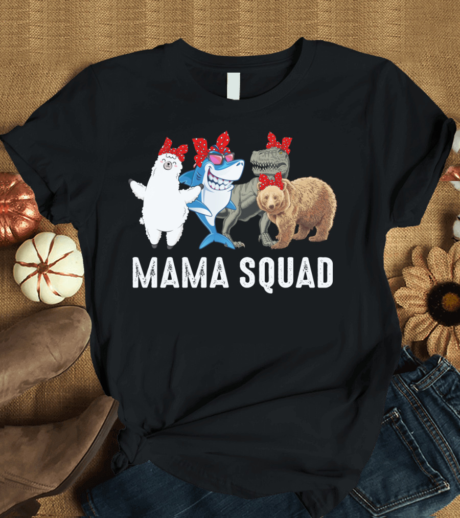 Mama Squad Llama Shark T-Rex Bear Red Bandana T-Shirt