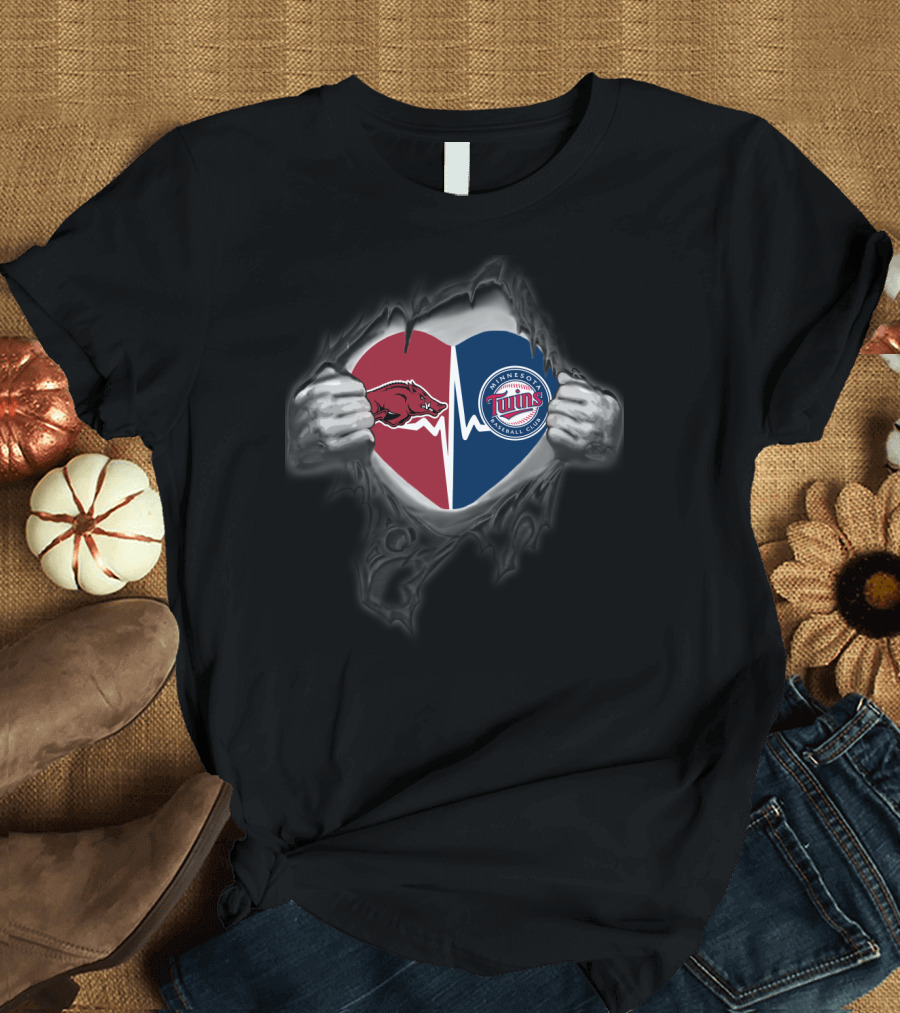 Arkansas Razorbacks Heart Minnesota Twins Baseball Combo T-Shirt