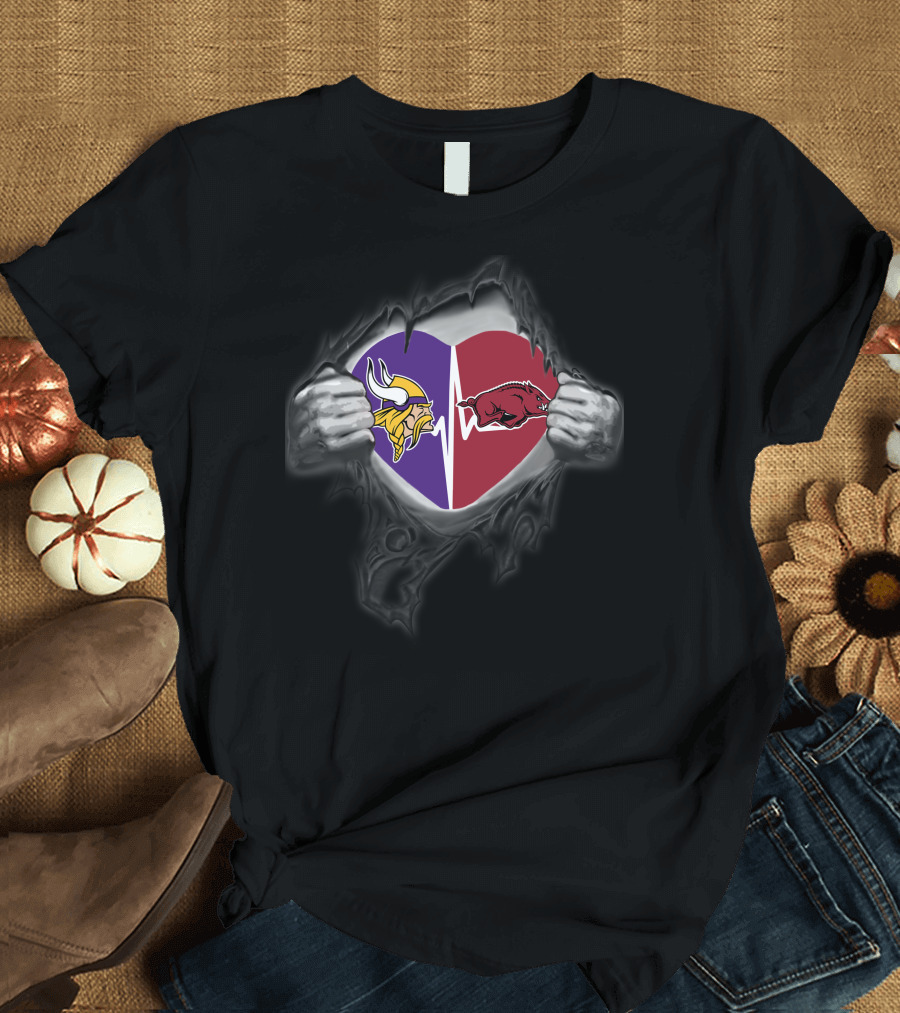 Minnesota Vikings Arkansas Razorbacks Heart Rip Logo Fusion T-Shirt