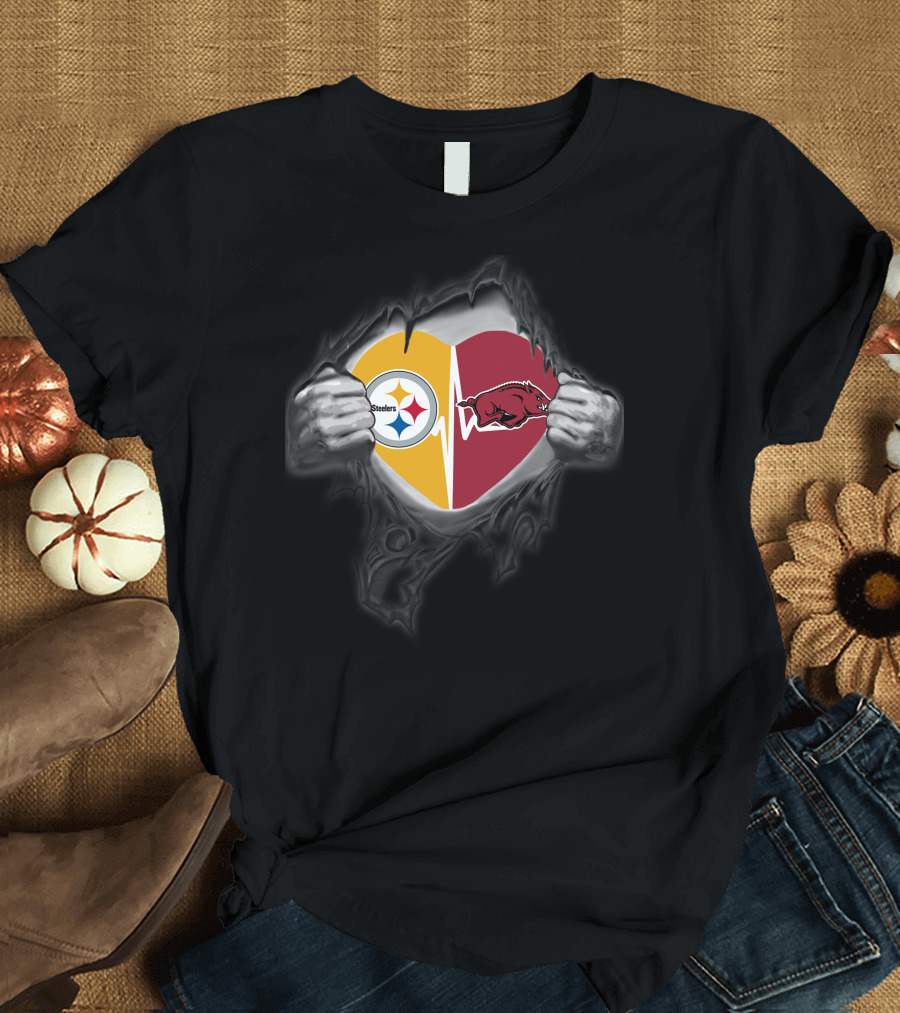 Pittsburgh Steelers Arkansas Razorbacks Heartbeat Logo Fusion T-Shirt
