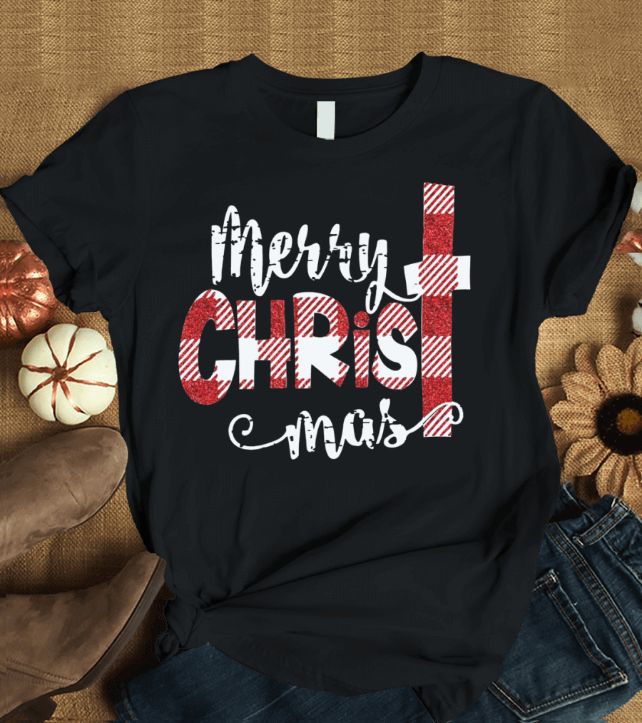 Merry Christ Mas Striped Cross Red Glitter T-Shirt
