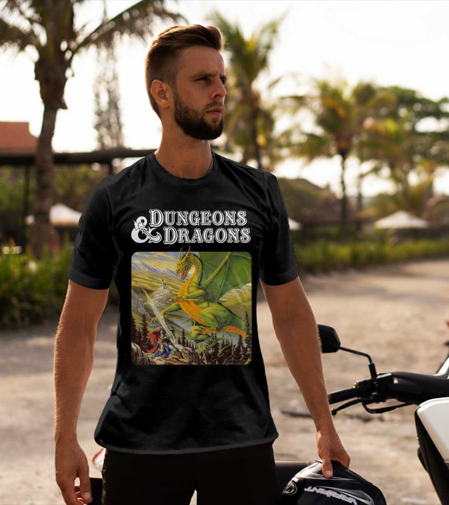 Dungeons And Dragons Knight Battling Green Dragon Scene T-Shirt