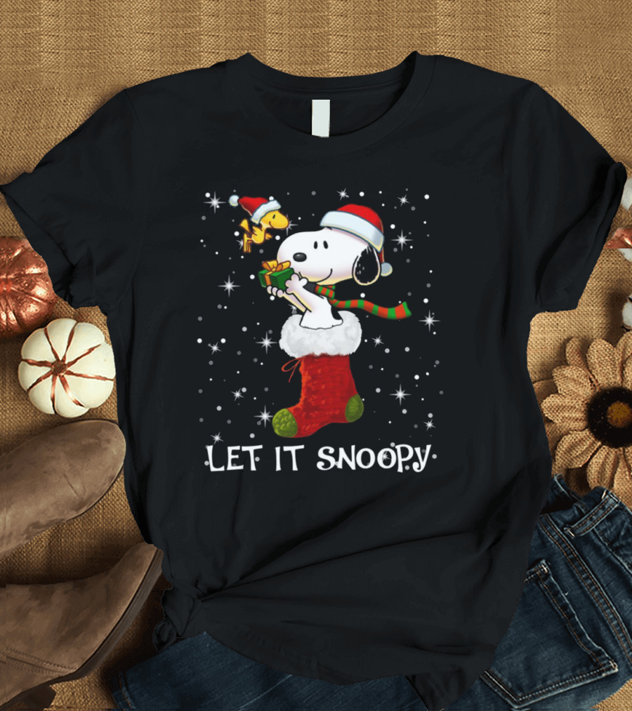 Let It Snoopy Snoopy in Christmas Sock with Santa Hat and Present T-Shirt
