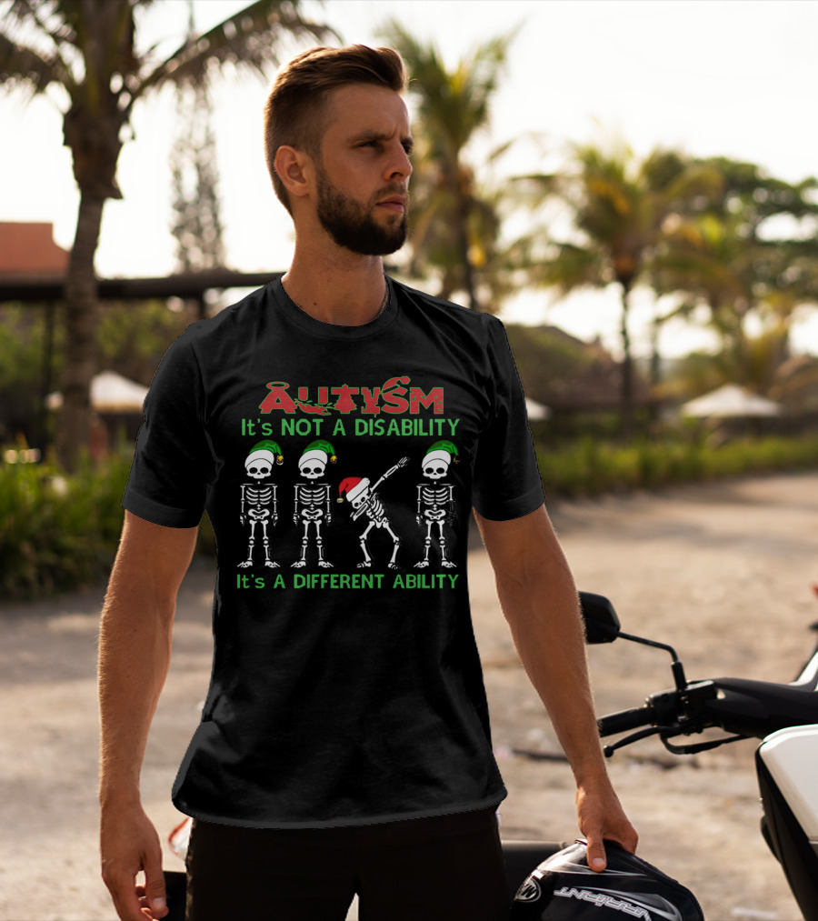 Autism It's Not A Disability It's A Different Ability Santa Skeleton With Elves T-Shirt