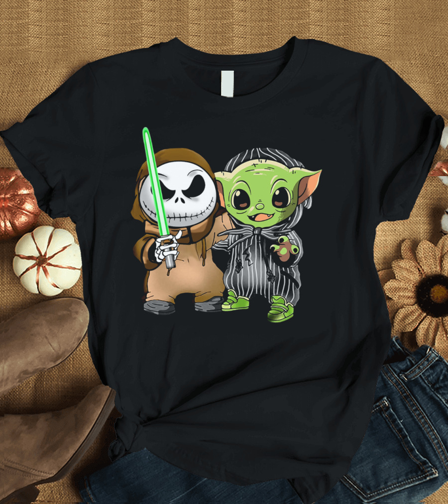 Jack Skellington in Jedi Robe and Baby Yoda in Striped Suit with Lightsaber T-Shirt
