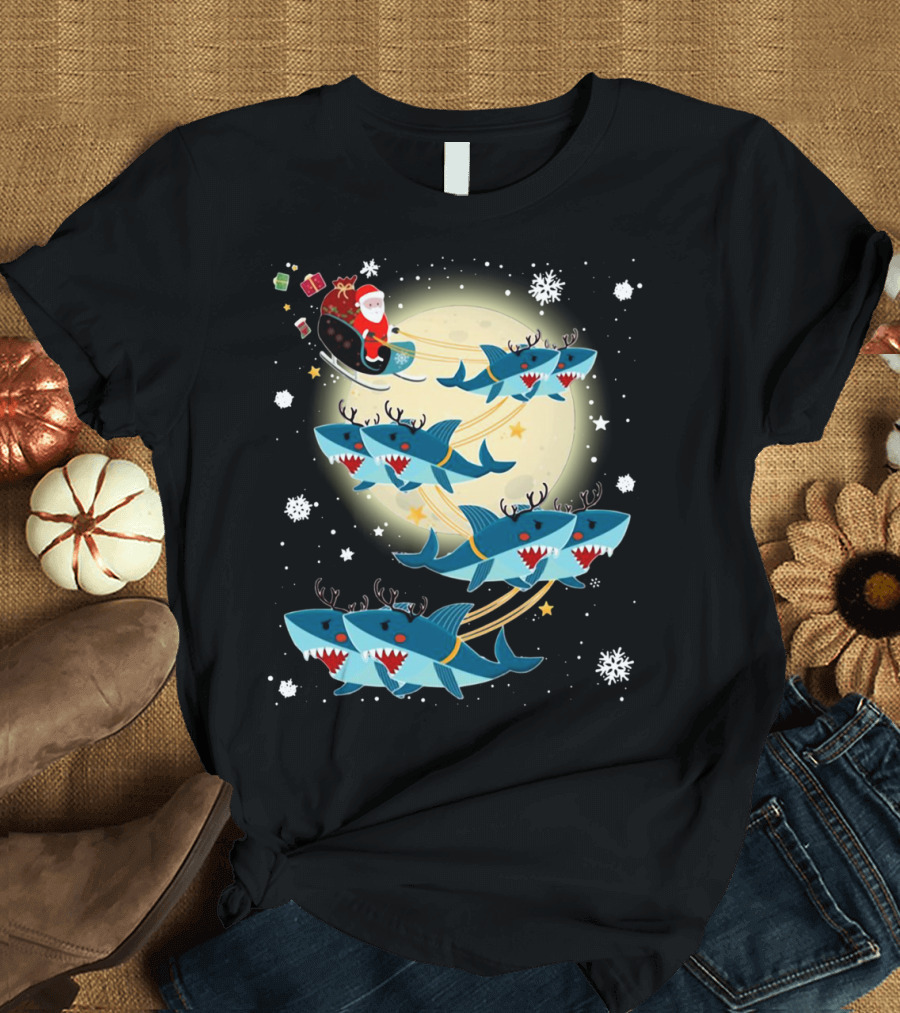 Santa Claus Riding Shark Reindeer Full Moon Snowflakes T-Shirt
