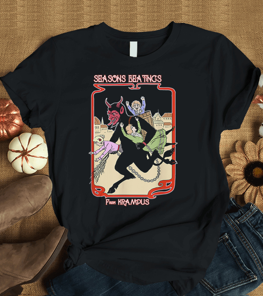 Seasons Beatings From Krampus with Festive Cityscape and Naughty Children T-Shirt
