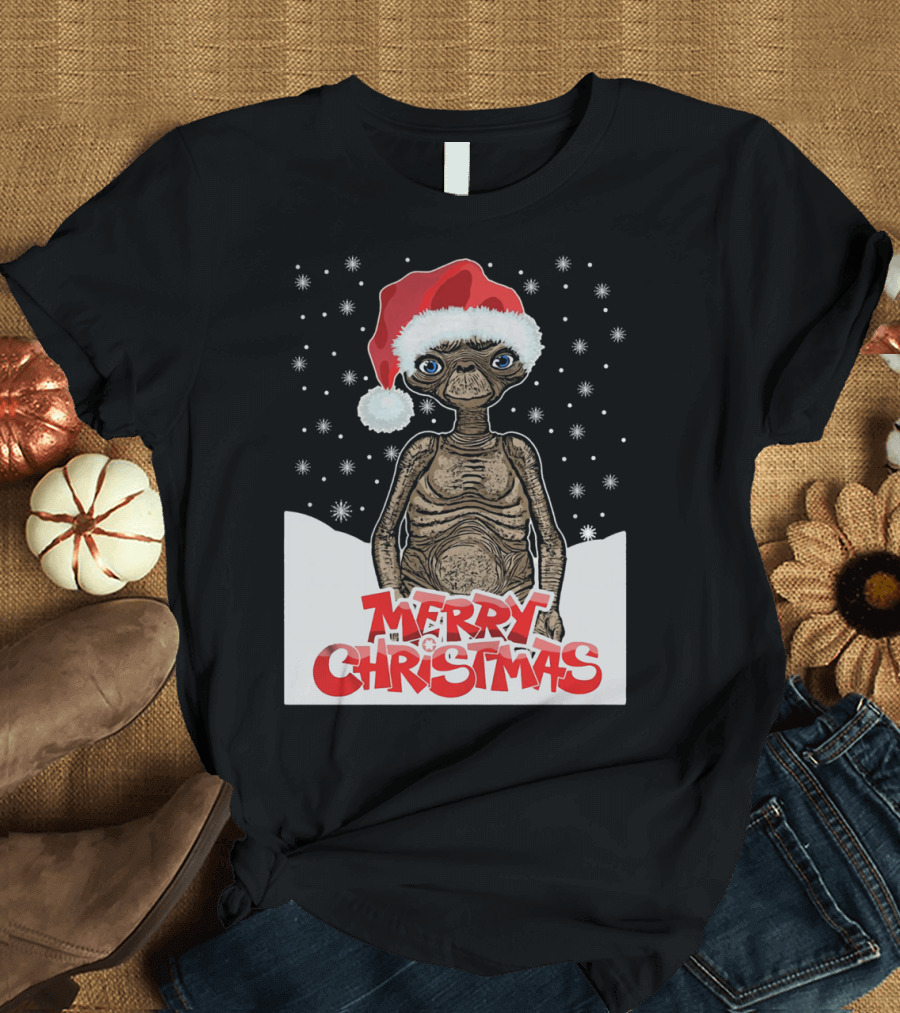 Merry Christmas ET The Extra Terrestrial Santa Hat Snowflakes T-Shirt