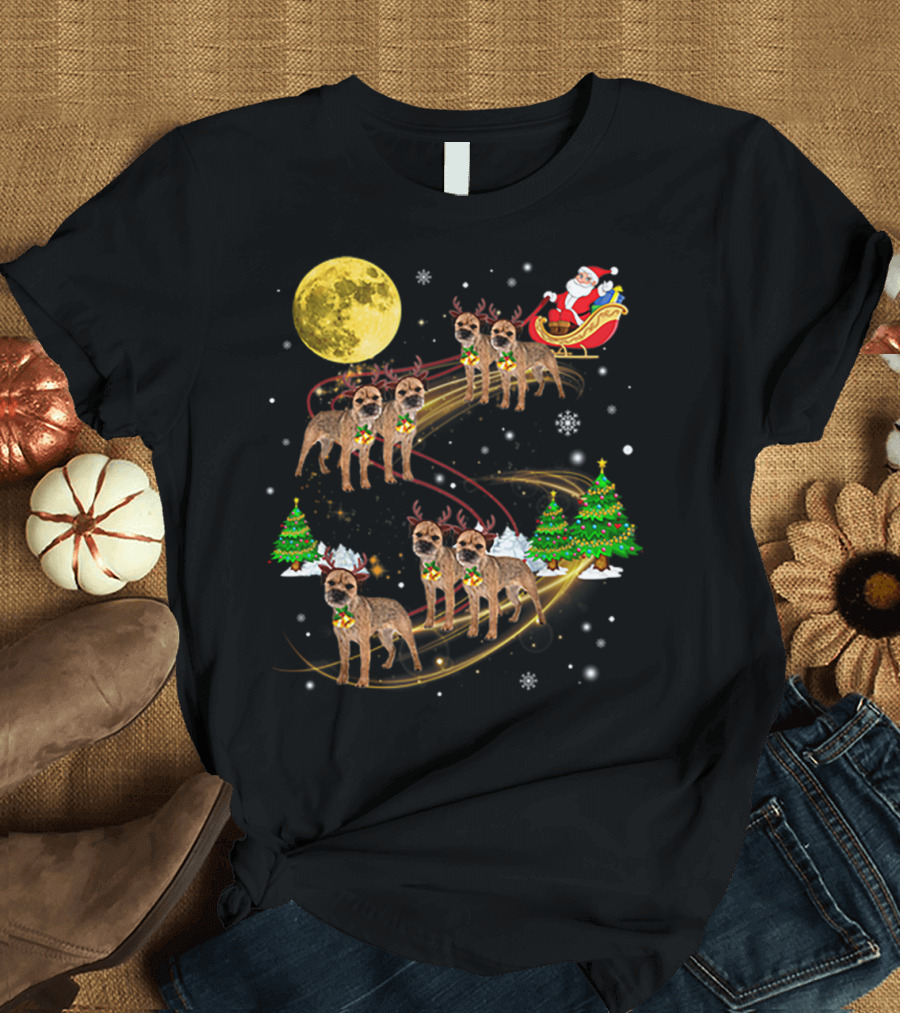 Border Terrier Dog Christmas Santa Reindeer Sleigh Holiday Fun T-Shirt