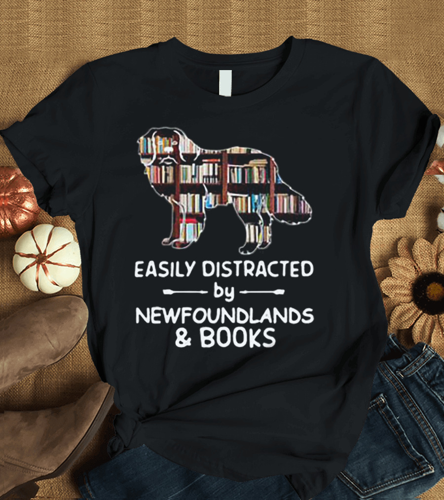 Easily Distracted by Newfoundlands and Books Silhouette Filled with Books T-Shirt