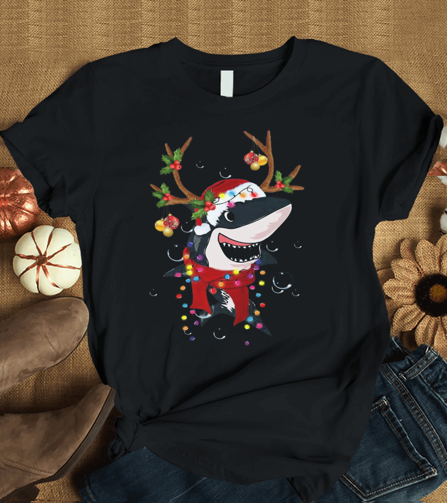Shark with Christmas Reindeer Antlers and Santa Hat T-Shirt