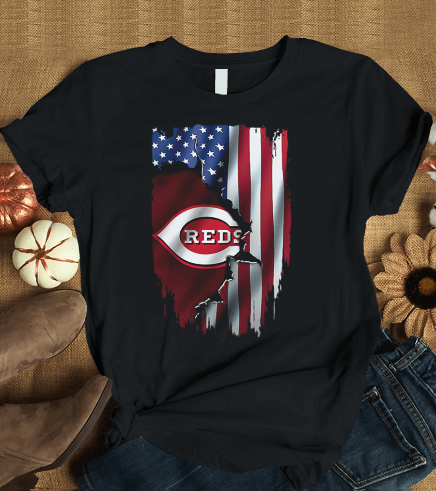 Cincinnati Reds American Flag Iconic Logo T-Shirt