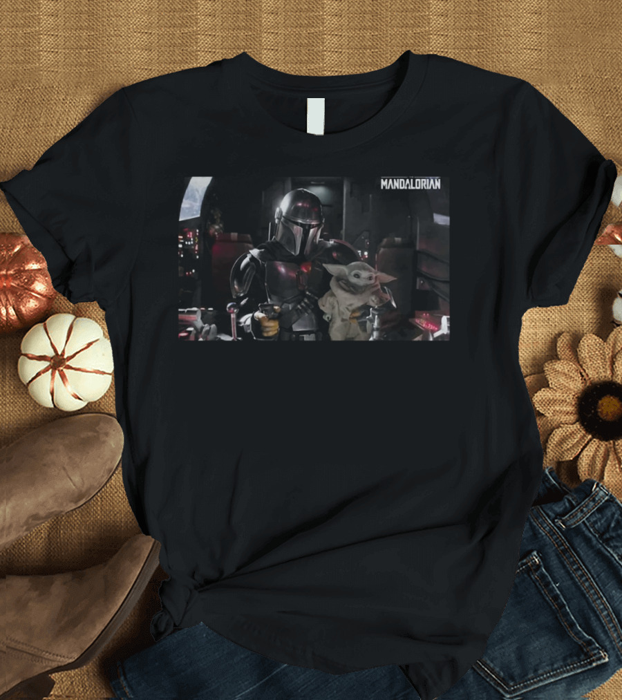 Mandalorian Holding Baby Yoda in Starship Scene T-Shirt