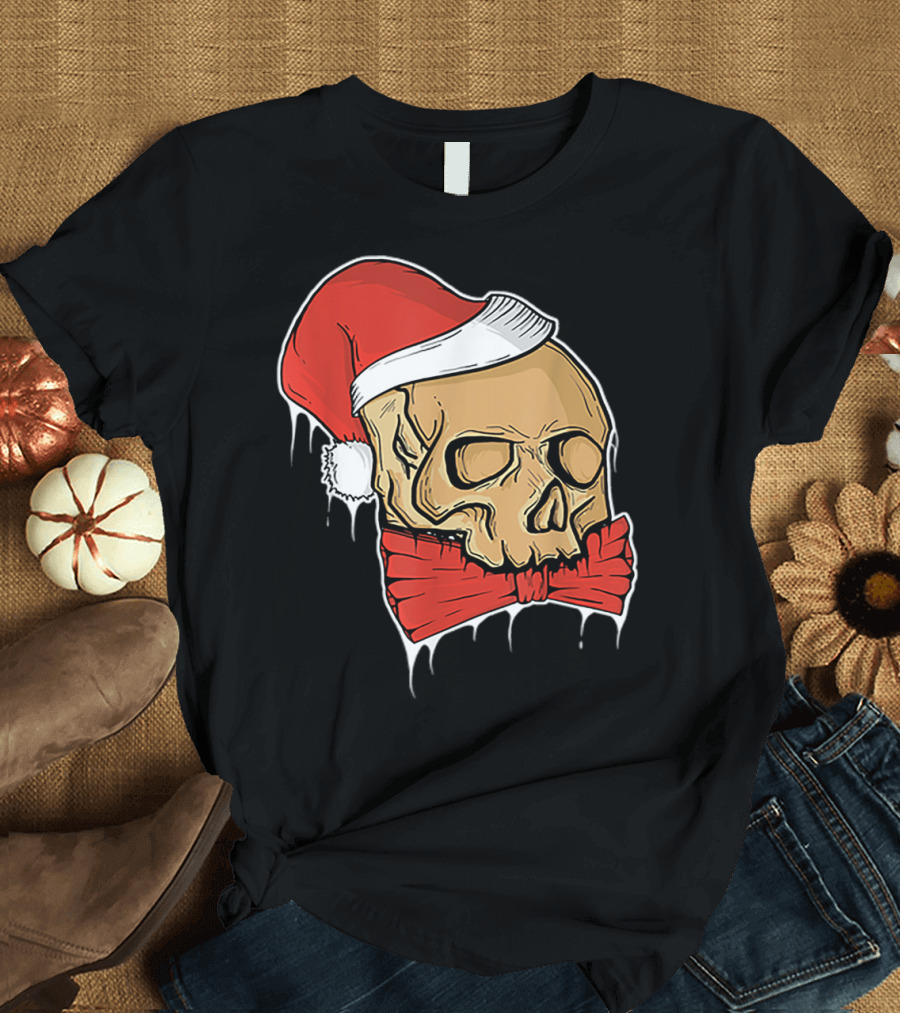 Vintage Skull Christmas Santa Hat Bow T-Shirt