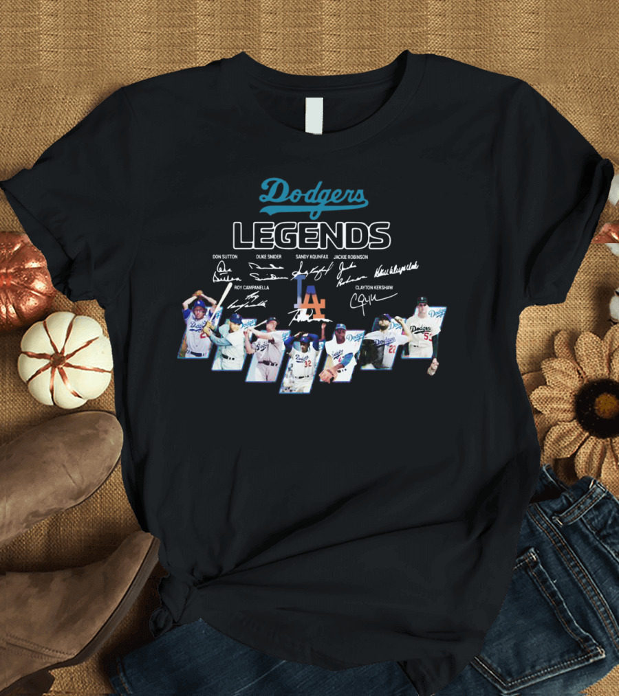 Dodgers Legends Don Sutton Duke Snider Sandy Koufax Jackie Robinson Roy Campanella Kirk Gibson Clayton Kershaw Signatures T-Shirt