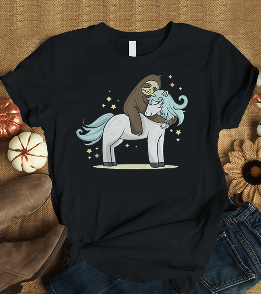 Sloth Hugging Magical Unicorn Surrounded by Sparkling Stars T-Shirt