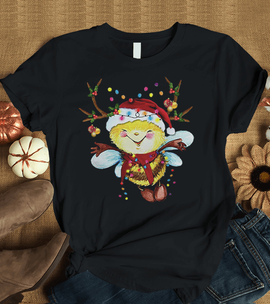 Santa Bee Reindeer Lights Holiday Cheer T-Shirt
