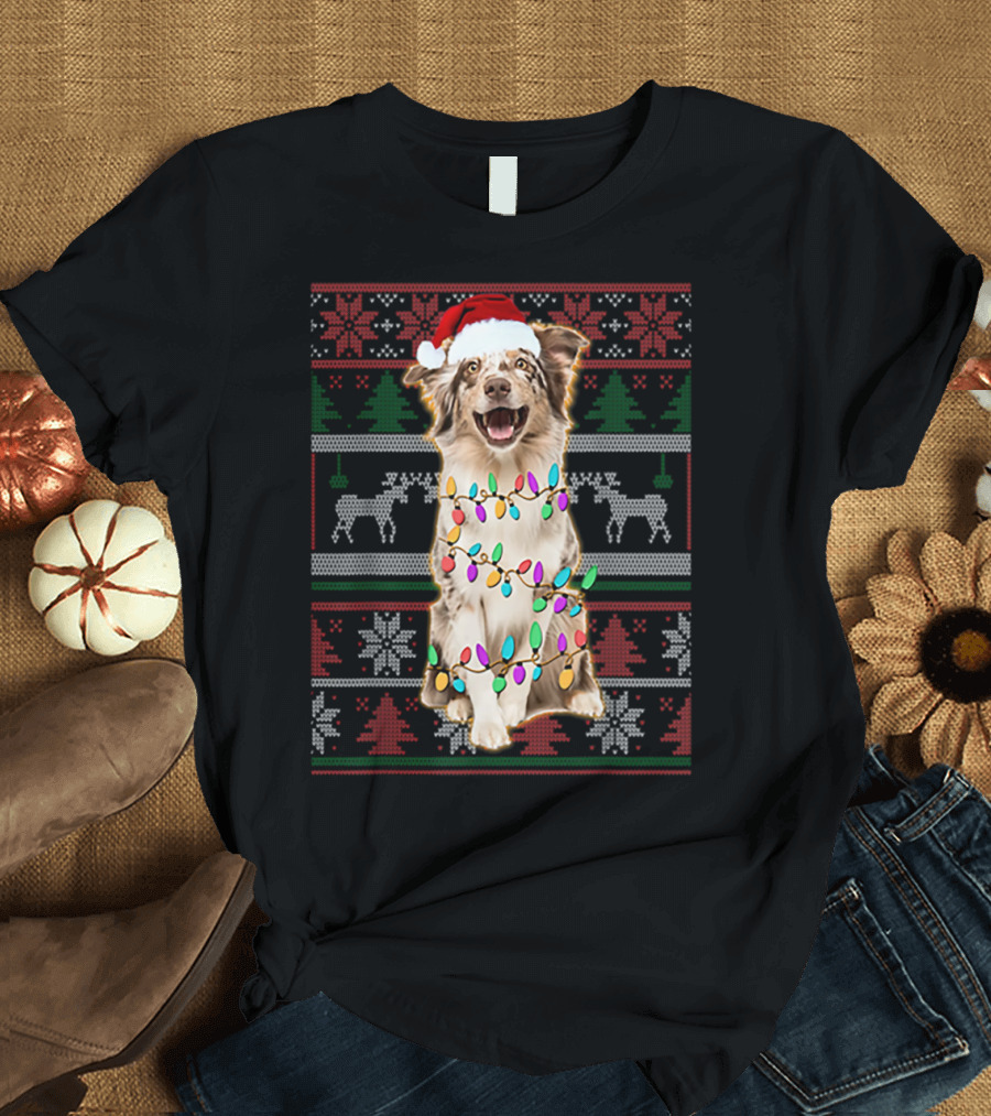 Australian Shepherd Christmas Festive Lights T-Shirt