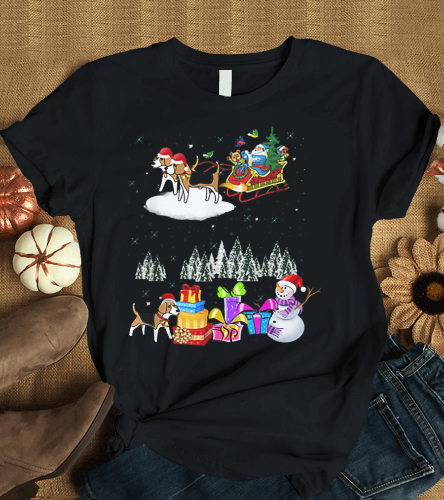Beagle Reindeer Christmas Santa Sleigh Snowman Presents Trees Moon T-Shirt