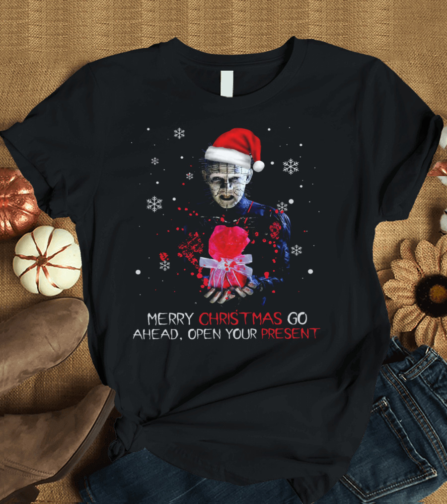 Merry Christmas Go Ahead Open Your Present Pinhead Santa Hat Snowflakes T-Shirt