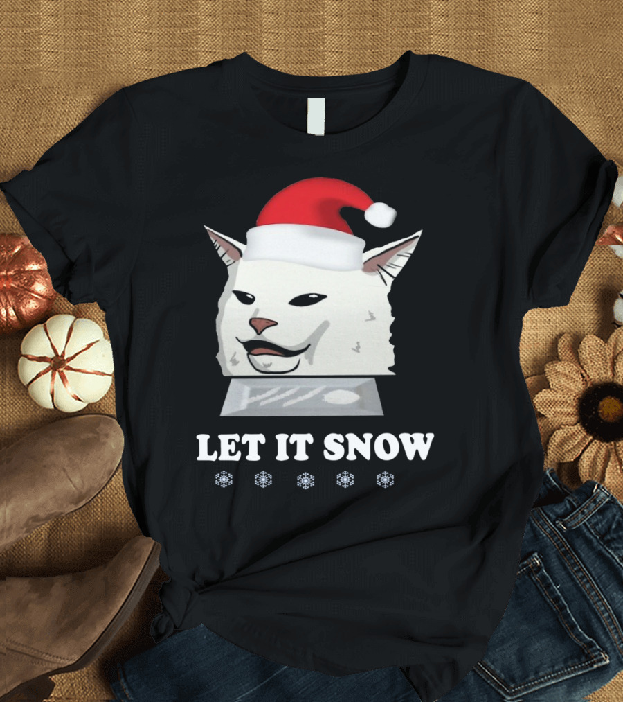 Let It Snow Cat in Santa Hat with Snowflakes T-Shirt